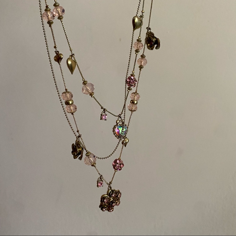 Betsey Johnson Layered Dark Gold Tone Necklace with Heart and Flower Charms